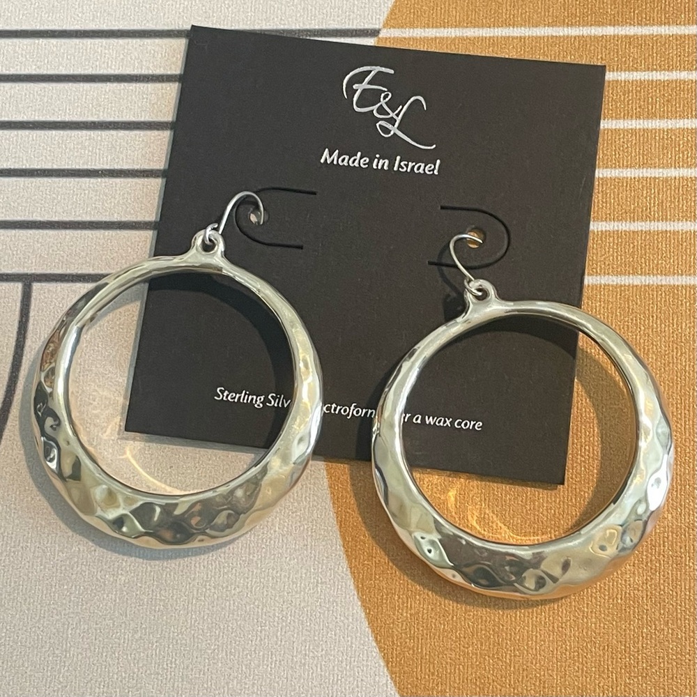 NWOT E&L Made in Israel Sterling Silver electro form Hoop Textured earrings